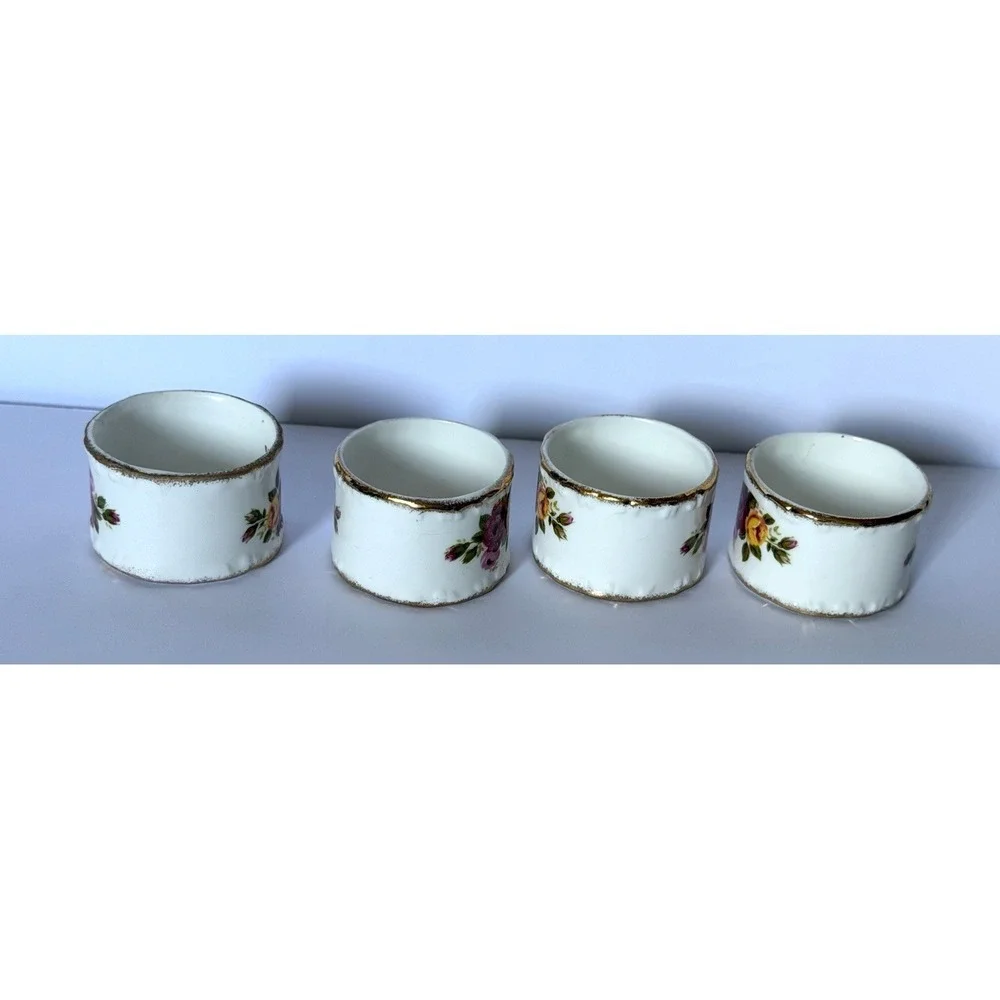 Vintage Bone China Napkin Rings Country Rose Cottage Floral Gold Trim Taiwan (4)